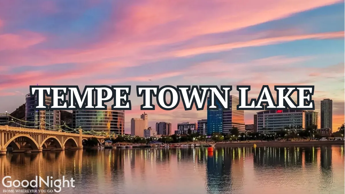This image captures a sweeping view of Tempe Town Lake with a skyline, bridge, and shimmering water reflections. The setting sun creates a peaceful, inspiring atmosphere, suggesting both relaxation and the excitement of being close to urban amenities.