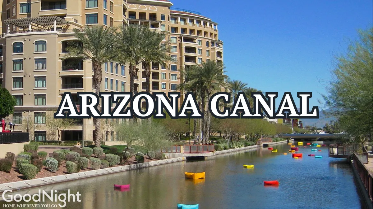 A colorful and vibrant view of the Arizona Canal, lined with palm trees and picturesque boats, with interesting building facades in the background. The canal-side setting radiates a leisurely, vibrant energy that matches the lifestyle described in the section.
